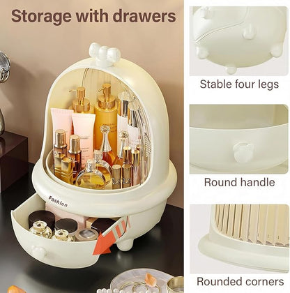 360° Rotating Cosmetic Storage Box,Cute Fashion Makeup Organizer with Drawer,Dustproof Skincare Display Case for Vanity Countertop Bathroom,Ideal Gift for Women（Cream）