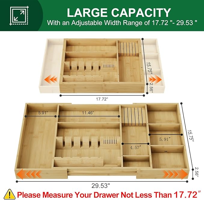 Bamboo Silverware Drawer Organizer, 17.72-29.53 Inch Expandable Large Kitchen Drawer Organizer, 5-8 Slot Flatware with Removable Card Slots & Knife Block for Spoon Butter Knive, Natural