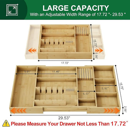 Bamboo Silverware Drawer Organizer, 17.72-29.53 Inch Expandable Large Kitchen Drawer Organizer, 5-8 Slot Flatware with Removable Card Slots & Knife Block for Spoon Butter Knive, Natural