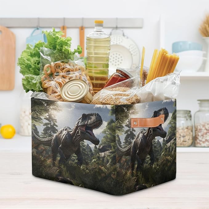 AUUXVA Storage Basket Giant Jurassic Dinosaur Storage Cube Box Durable Canvas Collapsible Toy Basket Organizer Bin with Handles for Shelf Closet Bedroom Home Office