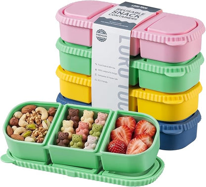 Silicone Reusable Snack Containers with Lids, 4 Pack 3 Compartment Bento Snack Boxes, Leakproof Food Storage Containers for Meal Prep, Lunch, Fruits, Kids & Adults, Dishwasher Safe