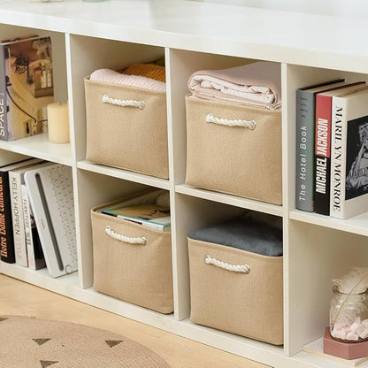 Organization and Storage Basket for Gifts Empty - 16x12x8 inch Large 4 Pack Fabric Storage Cube Collapsible Baskets for Shelves with Handles, Storage Box for Cloth Books Laundry Canvas(Beige)