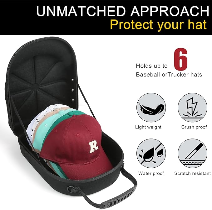 GERMUN Hard baseball hat case, Hat Carrier Travel Case with Adjustable Shoulder Strap, Hat cap case for 6 Baseball Caps - Perfect for Traveling (Black)