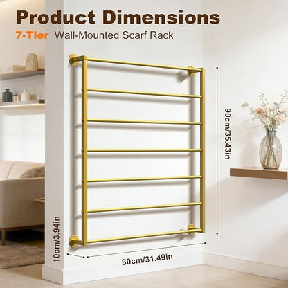 Wall Mounted Scarf Rack, Gold Silk Scarves Hijab Hanger Organizer Metal Racks Wrapping Tissue Paper Ribbon Holder Towels Storage Display for Flower Shop Retail Store (Gold, 7T-31.5×35.4IN)