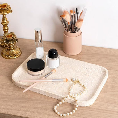 Karibiber Natural Marble Vanity Tray, 11.8" Marble/Stone Bathroom Tray Countertop, Beige Tray for Decor, Perfume Jewelry Holder, Storage/Organizer for Kitchen Sink