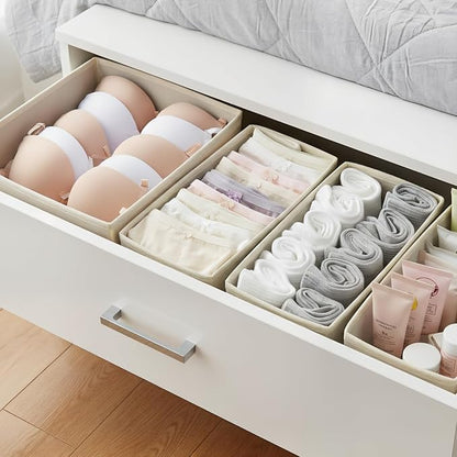 Drawer Organizer Set 4 Pack - Foldable Fabric Storage Bins with Zipper Bottom for Underwear Socks Bras Baby Clothes - Closet Dresser Organizers Dividers for Bedroom Nursery, Beige