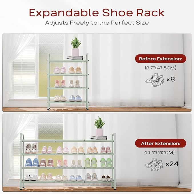 Bumusty 4-Tier Long Expandable Shoe Rack for Closet, 18"-44" Adjustable Shoe Rack for Entryway, 20-24 Pairs Large Shoe Organizer Shelf Storage, Sturdy Metal, Green