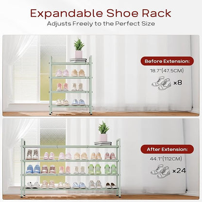 Bumusty 4-Tier Long Expandable Shoe Rack for Closet, 18"-44" Adjustable Shoe Rack for Entryway, 20-24 Pairs Large Shoe Organizer Shelf Storage, Sturdy Metal, Green