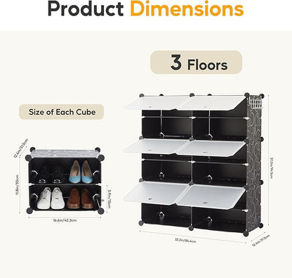 HealSmart Shoe Rack Organizer with Door, Shoe Storage Cabinet, Stackable Plastic Shelves for Closet, Entryway, Hallway, Bedroom, 6-Tier 24-Pair, Black