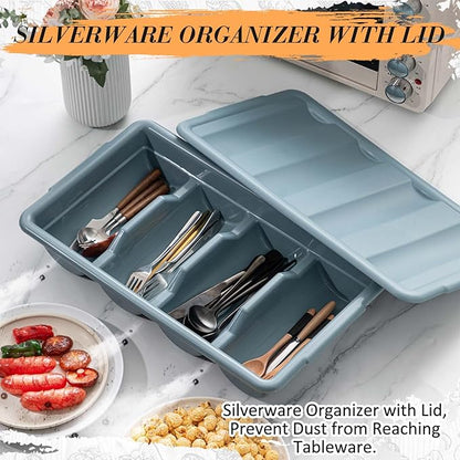 Maxdot 6 Pcs 20.5 x 11.9 x 3.7 Inch Silverware Organizer with Lid, Commercial 4-compartment Restaurant Kitchen Cutlery Tray, Plastic Silverware Storage Container, Condiments Holder (Grayish Blue)
