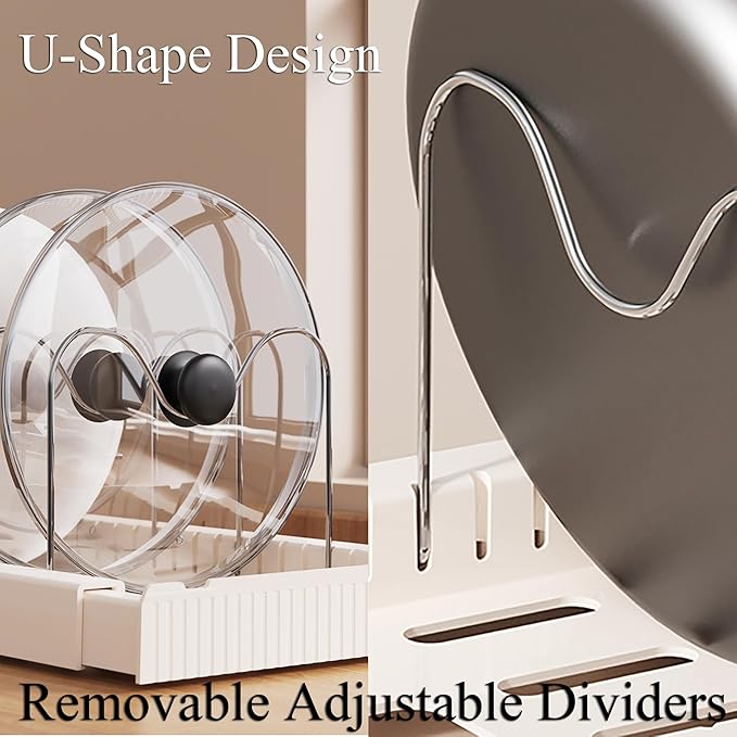 Pots and Pans Organizer Under Cabinet Expandable Pot Lid Holder with 10 Adjustable Dividers Pot Rack for Kitchen Storage Cutting Boards, Bakeware, Lid, White