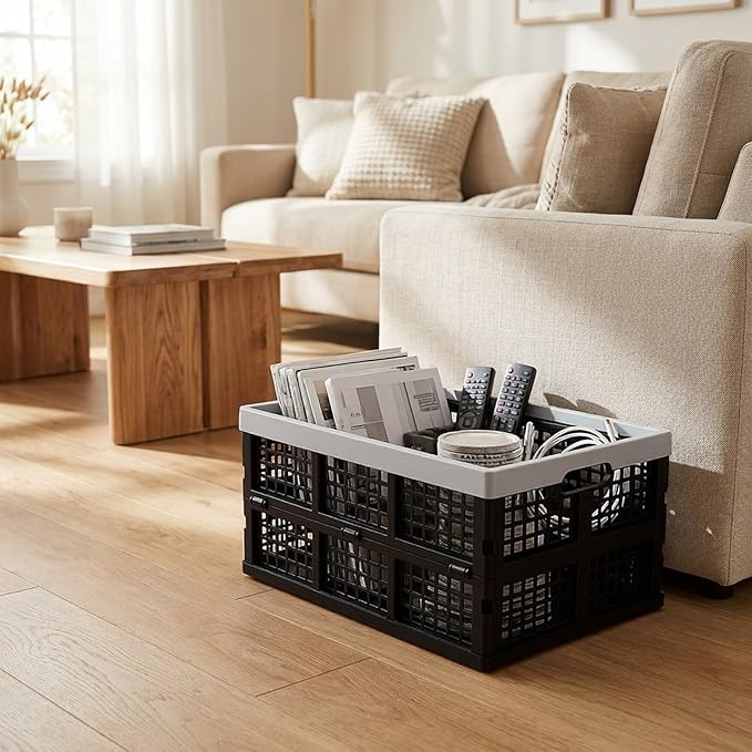 Kekow 30 L Black Plastic Collapsible Storage Basket, 3-Pack Folding Crates Storage