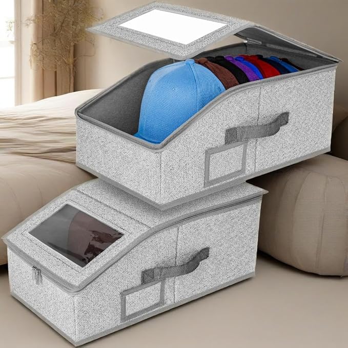 ‌Portable Hat Storage Box Organizer | Large Capacity Foldable Cap Holder with Clear Window | Space-Saving Closet Accessory for Baseball Caps, Beanies & Sun Hats‌ (2 Pack)