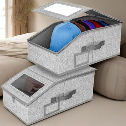 ‌Portable Hat Storage Box Organizer | Large Capacity Foldable Cap Holder with Clear Window | Space-Saving Closet Accessory for Baseball Caps, Beanies & Sun Hats‌ (2 Pack)