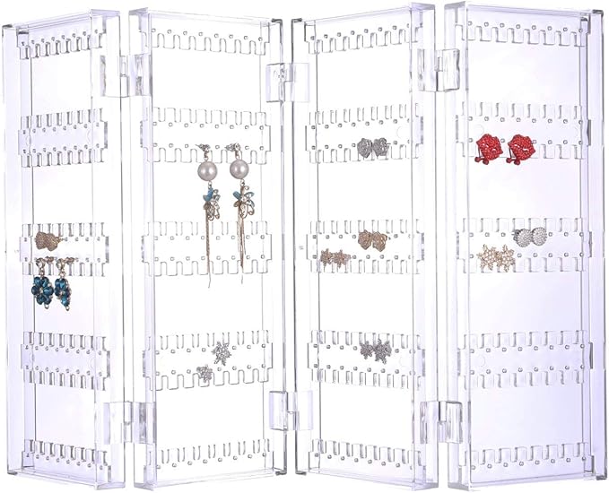Sooyee 4 Doors Foldable Necklace Hanging Jewelry Organizer Double Sided Stand Display & 3 Pieces Clear Acrylic Cosmetic Storage Drawers and Jewelry Display Box,Clear