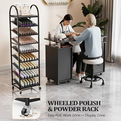 OmySalon Rolling Nail Polish & Powder Display Stand - 8 Tier Mobile Nail Salon Organizer Rack with Wheels, Holds 600 Bottles & 240 Jars for Nail Artists, Salon Display, Retail Store (Black)