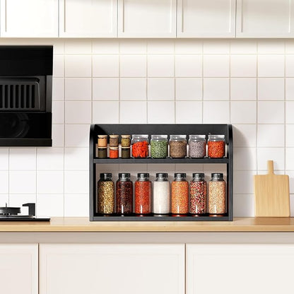ROMGUAR CRAFT 2 Tier Bamboo Spice Rack, Countertop or Wall Mounting Wood Spice Jars Organizer Shelf for Kitche, Pantry (Black)