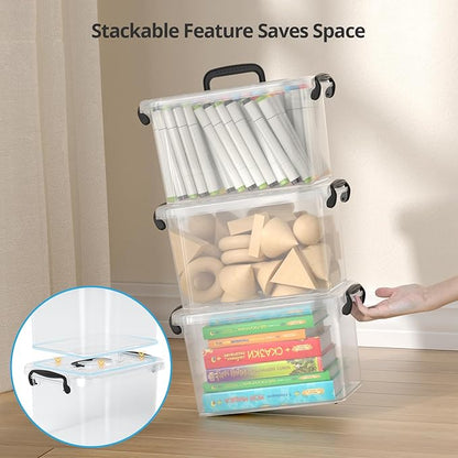 Plastic Storage Containers with Lids - 6 Pack 6 Quart Clear Storage Bins with Lids, Stackable Storage Containers for Organizing, Small Plastic Storage Box with Lid, Black Handle and Latches