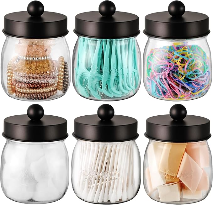 6 Pack Qtip Holder Bathroom Set, SheeChung Plastic Mason Jar Apothecary Jar Set for Bathroom Vanity Storage Organizer, Farmhouse/Home Decor, 12 Labels (Bronze)