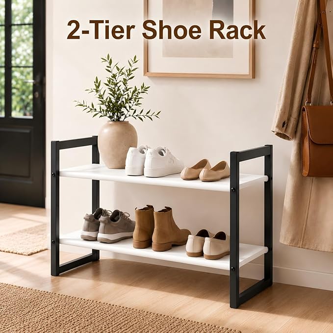 2-Tier Shoe Rack for Closet & Entryway, Stackable Shoe Organizer, Screw-Fastened Metal Frame for Less Wobble, Heel-Friendly Non-Woven Shelves, 11.8" Deep Space-Saving Shoe Storage (Black)