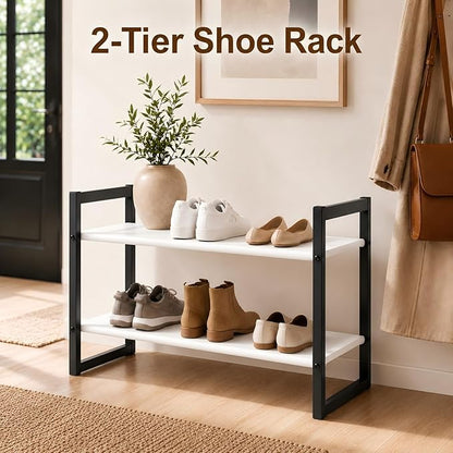 2-Tier Shoe Rack for Closet & Entryway, Stackable Shoe Organizer, Screw-Fastened Metal Frame for Less Wobble, Heel-Friendly Non-Woven Shelves, 11.8" Deep Space-Saving Shoe Storage (Black)