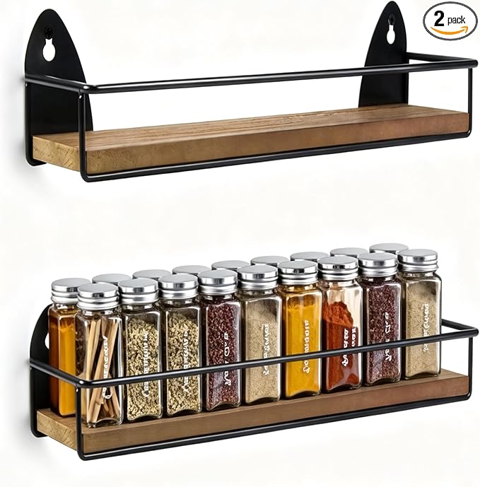 TJ.MOREE 2 Pack Spice Rack Wall Mount Rustic Style Hanging Spice Organizer for Wall, Kitchen Spice Storage