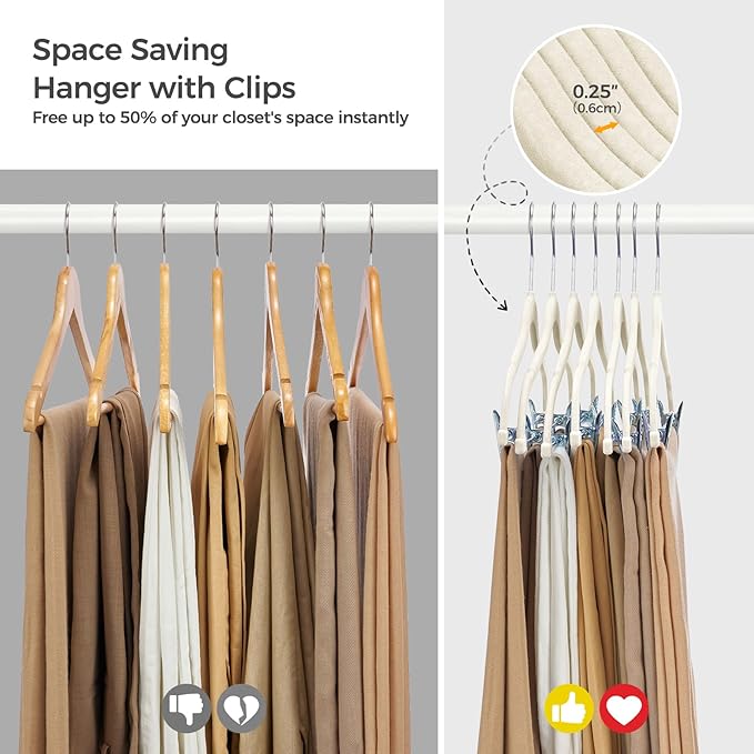 HOUSE DAY Velvet Hangers with Adjustable Clips 10 Pack, Non-Slip Suit Organizer with 360° Hook - Heavy Duty Hanger for Pants, Skirts, Blouses, Dresses - Outfit Hangers All-Season Space Saver (Ivory)
