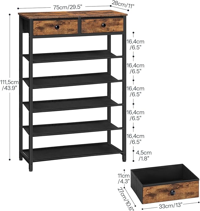 HOOBRO Shoe Rack, 6 Tier Shoe Storage Organizer with 2 Non-Woven Drawers, 15-20 Pairs of Shoes for Entryway, Shoe Shelf with 5 Oxford Fabric Shelves and Wooden Top, Closet, Rustic Brown BF79XJ01
