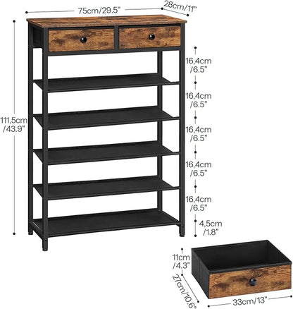 HOOBRO Shoe Rack, 6 Tier Shoe Storage Organizer with 2 Non-Woven Drawers, 15-20 Pairs of Shoes for Entryway, Shoe Shelf with 5 Oxford Fabric Shelves and Wooden Top, Closet, Rustic Brown BF79XJ01