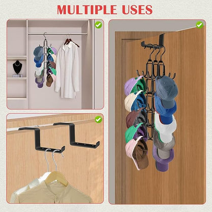 Hat Rack for Door, Collapsible Over The Door Hat Organizer with 10 Large Hooks, Holds 40 Baseball Caps, Rotatable Metal Space Saving Caps Hanger for Display and Storage, Black