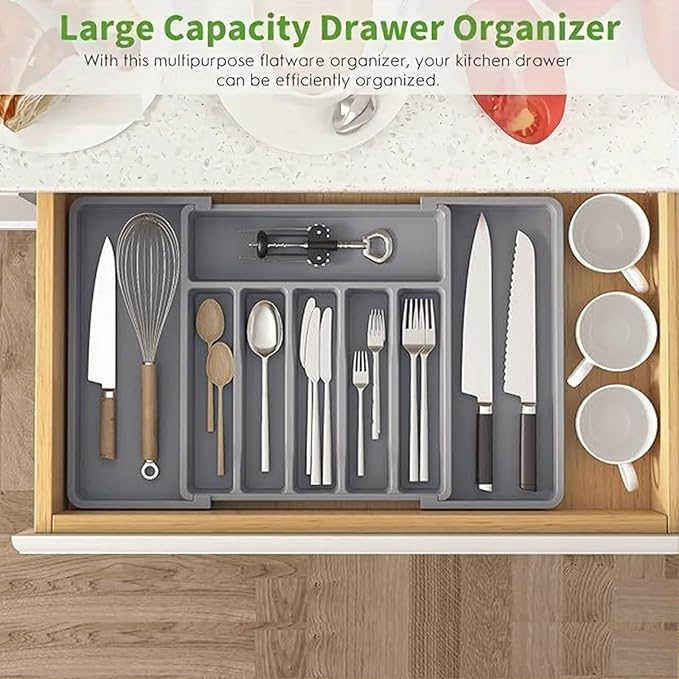Silverware Drawer Organizer, Expandable Kitchen Drawer Organizer, Adjustable Cutlery Storage, Flatware and Cutlery Holder for Spoons Forks Knives (Gray)