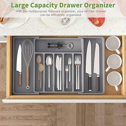 Silverware Drawer Organizer, Expandable Kitchen Drawer Organizer, Adjustable Cutlery Storage, Flatware and Cutlery Holder for Spoons Forks Knives (Gray)