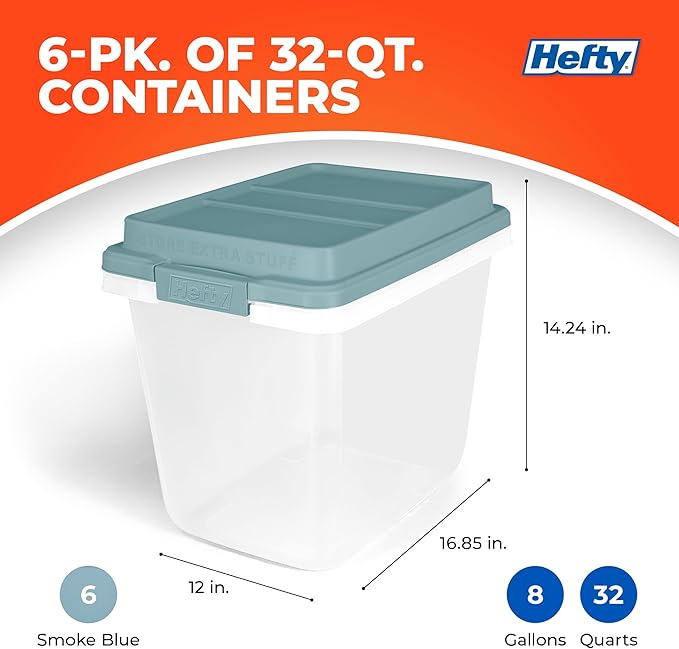 Hefty HI-RISE 32 Qt Stackable Storage Bins with Lids – 6 Pack Clear Plastic Under Bed Storage Containers, Shoe Organizer Boxes with XL Lid-Locking Latches, Comfort-Grip Handles, Durable Double Rim