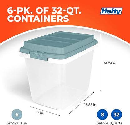 Hefty HI-RISE 32 Qt Stackable Storage Bins with Lids – 6 Pack Clear Plastic Under Bed Storage Containers, Shoe Organizer Boxes with XL Lid-Locking Latches, Comfort-Grip Handles, Durable Double Rim