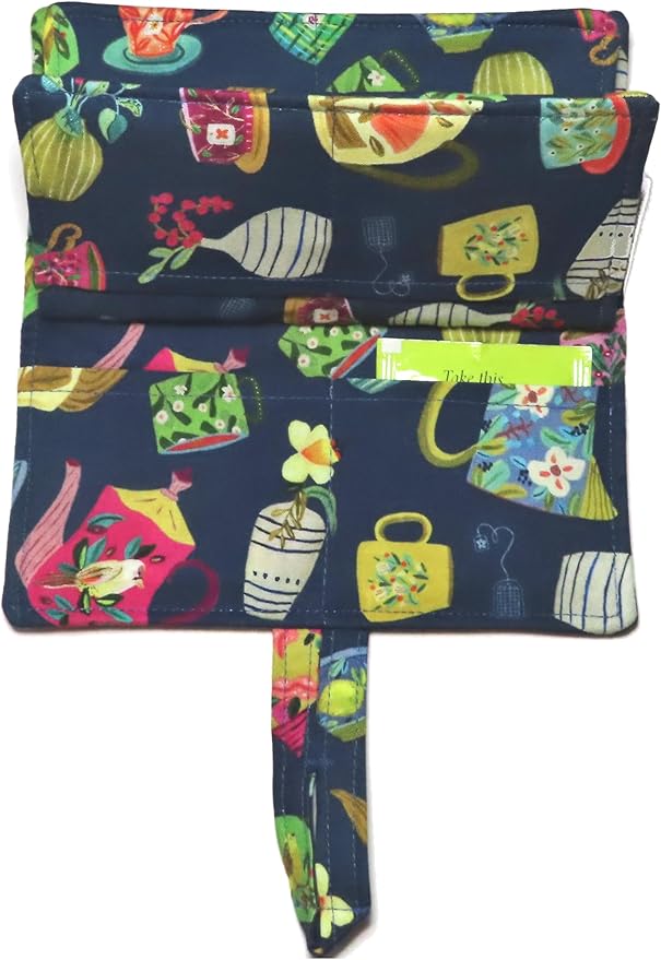 Tea Bag Wallet, XL, Featuring Tea Cups and Flowers, Twelve Pockets, Nothing Falls Out, Secure Hold Tea Bags, Includes 4 Tea Bags, Quilted Handmade, Your Choice of Fabric