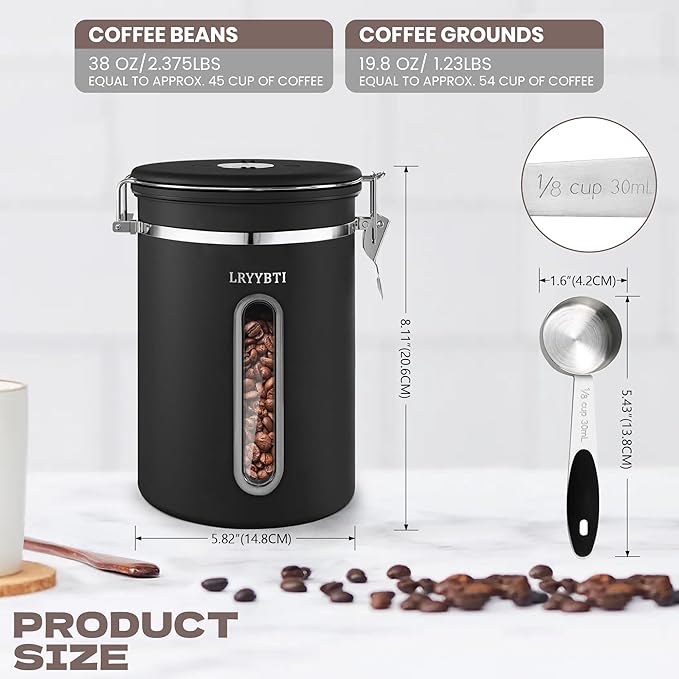 Coffee Canisters with Window,Scoop and Airtight Lid Stainless Steel Kitchen Bean Storage Grounds Container Date Tracker and Scoop for Grounds Coffee Bar Accessories (Black+window, 38 oz)