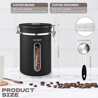 Coffee Canisters with Window,Scoop and Airtight Lid Stainless Steel Kitchen Bean Storage Grounds Container Date Tracker and Scoop for Grounds Coffee Bar Accessories (Black+window, 38 oz)