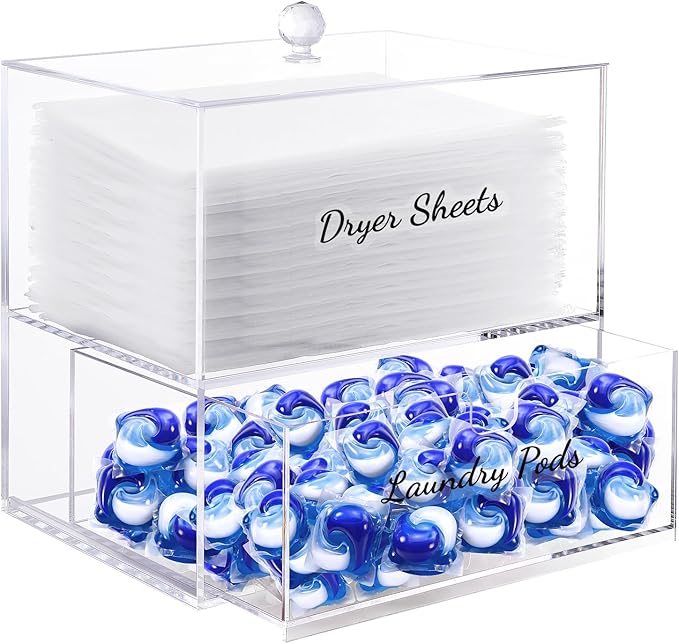JYPS 1+1 Acrylic Dryer Sheet Holder with Drawer and Bamboo Lid, Clear Acrylic Large-Capacity Laundry Pods Container, Scent Boosters & Powder, Laundry Room Organization decor, Storage Jars Set