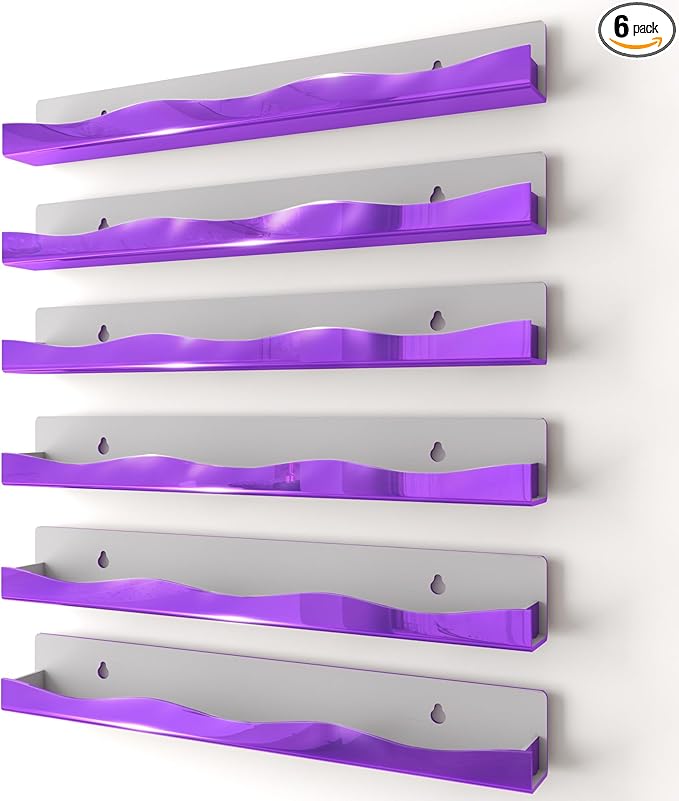 Wall-Mounted Nail Polish Organizer Rack - 15 Inch Purple Mirror Finish Nail Polish Shelf, Makeup & Beauty Essentials Storage - Multi-Purpose Display Holder for Small Space, Vanity Bathroom, 6 Pack