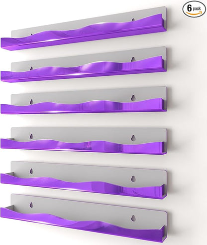 Wall-Mounted Nail Polish Organizer Rack - 15 Inch Purple Mirror Finish Nail Polish Shelf, Makeup & Beauty Essentials Storage - Multi-Purpose Display Holder for Small Space, Vanity Bathroom, 6 Pack