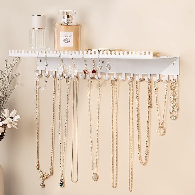 niffgaff Wall-Mounted Jewelry Organizer with Hooks and Shelf - Necklace Hanger Holder for Hanging Storage, Multi-Functional Wall Decor | White