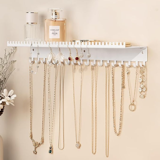 niffgaff Wall-Mounted Jewelry Organizer with Hooks and Shelf - Necklace Hanger Holder for Hanging Storage, Multi-Functional Wall Decor | White