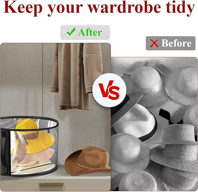 Oversized Clear Hat Storage Bag for Women, Closet Hat Boxes Organizer Bag with Dustproof Lids, Holds up to 7 Caps Cowboy Hat Organizer for Closet, Hat Carrier Case for Travel (Black)