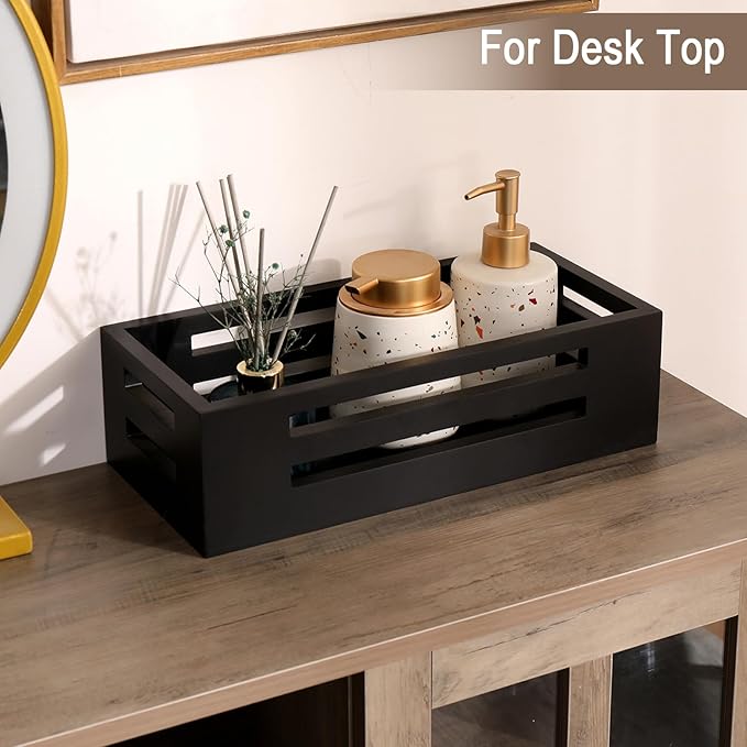 Black Bathroom Basket Wooden Toilet Tank Paper Basket with Handles-Black Decor Box-Home&Bathroom Storage Organizer