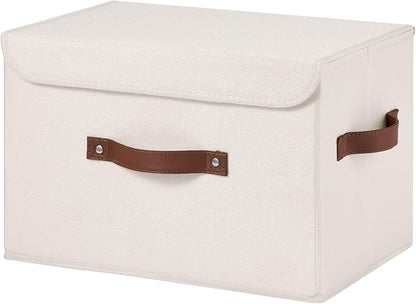 Storage Bins Box with Lids Decorative Cotton Linen Fabric Baskets Cubes with Handles PP Plastic Board Foldable Washable Lidded Clothing Shelf Closet Organizer Container (Beige, Large)