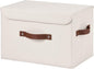 Storage Bins Box with Lids Decorative Cotton Linen Fabric Baskets Cubes with Handles PP Plastic Board Foldable Washable Lidded Clothing Shelf Closet Organizer Container (Beige, Large)