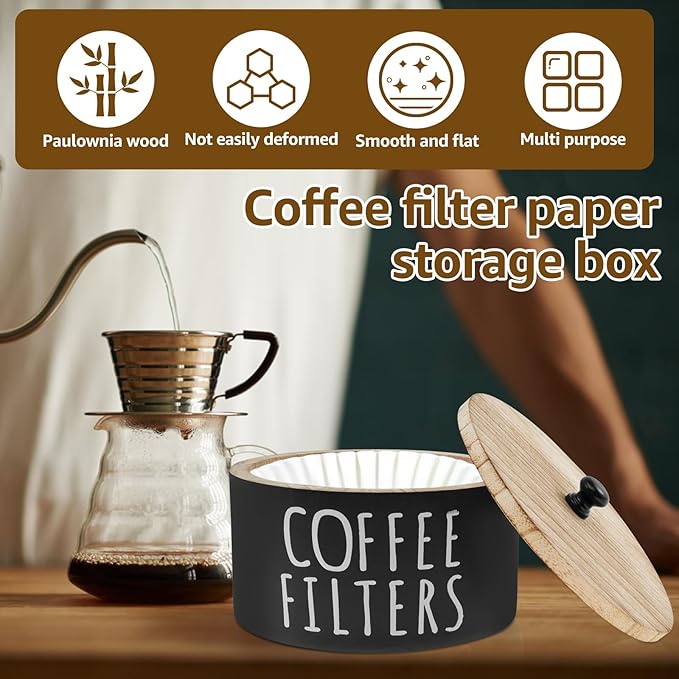 Coffee Filter Holder - Wooden Coffee Storage Container with Lid, Multipurpose Filter Dispenser, Sturdy Coffee Pod Organizer for Bar Counter Decor (Black)
