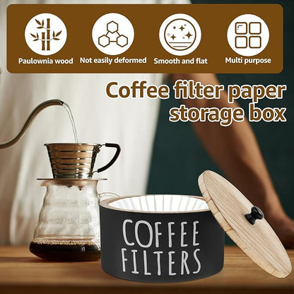 Coffee Filter Holder - Wooden Coffee Storage Container with Lid, Multipurpose Filter Dispenser, Sturdy Coffee Pod Organizer for Bar Counter Decor (Black)
