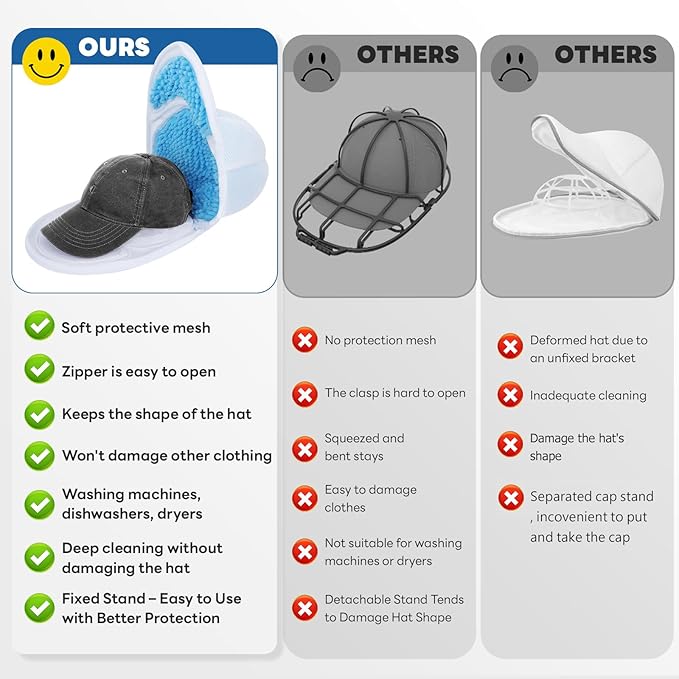 Upgraded Hat Washer Cage with Mesh Bag and Chenille Microfiber for Baseball Caps - Durable Hat Cleaner for Washing Machine, Prevents Deformation, Fits Adult & Kids Caps, White 1 Pack