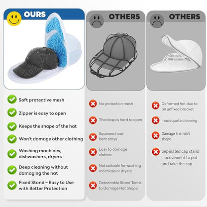 Upgraded Hat Washer Cage with Protective Mesh Bag, Durable Hats Cleaner for Caps, Hat Washing Cage with Chenille Liner - Reusable, Fixed Holder, Prevents Deformation, Fits Adult & Kids Caps, 2 Pack